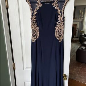 Xscape Navy Dress with Gold Detailing